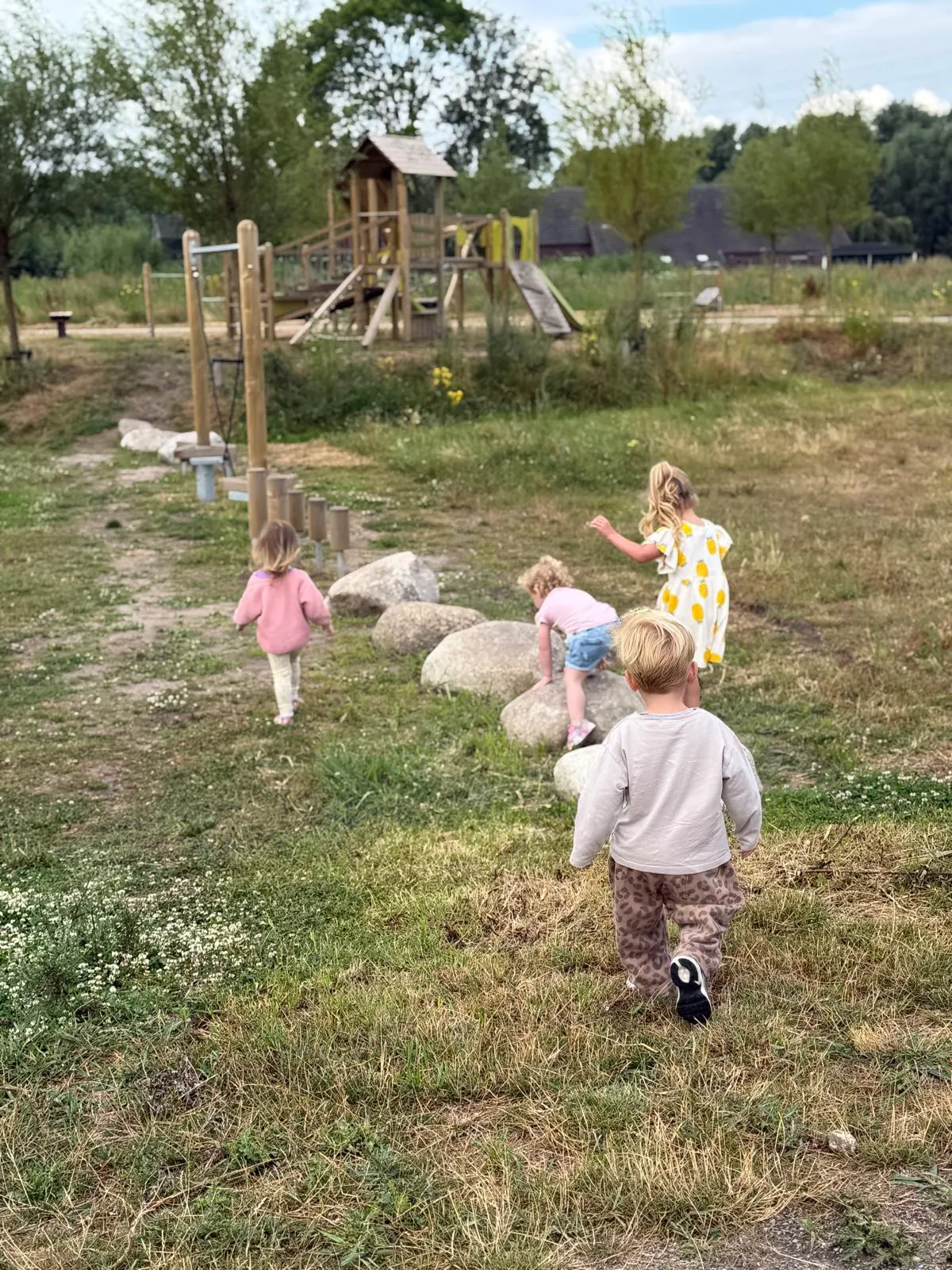Vier kinderen spelen buiten bij een houten speeltoestel in het gras
